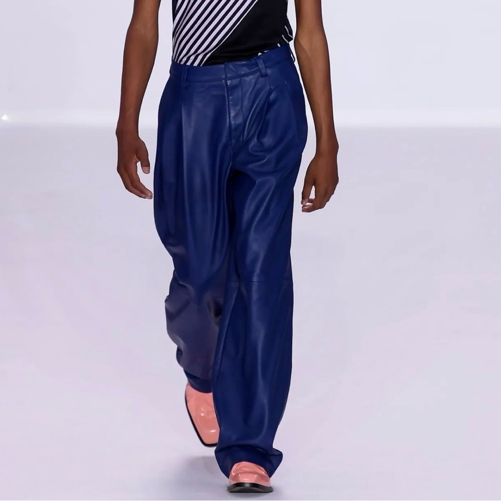 Paul Smith dark blue leather pleated wide leg pants